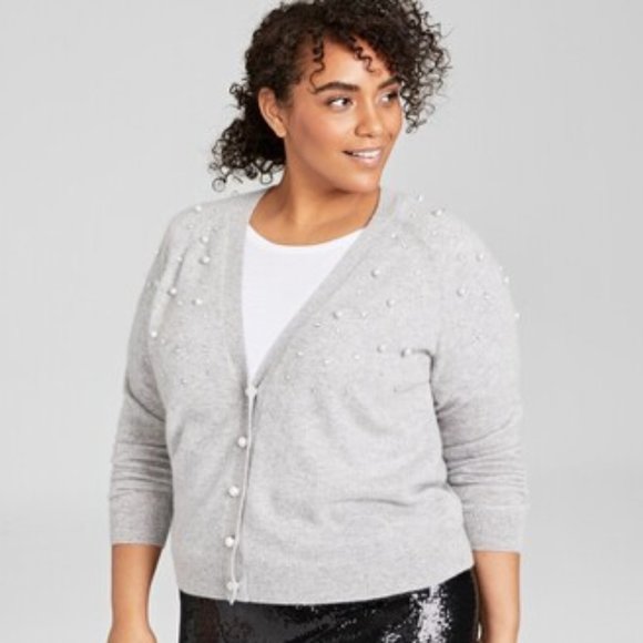 NWT Charter Club Plus Luxury 100% Cashmere Grey Beaded Cardigan Women's …